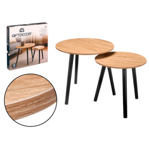 Set di 2 tavolini naturali con gambe nere. Diametri di 39 cm e 48 cm.