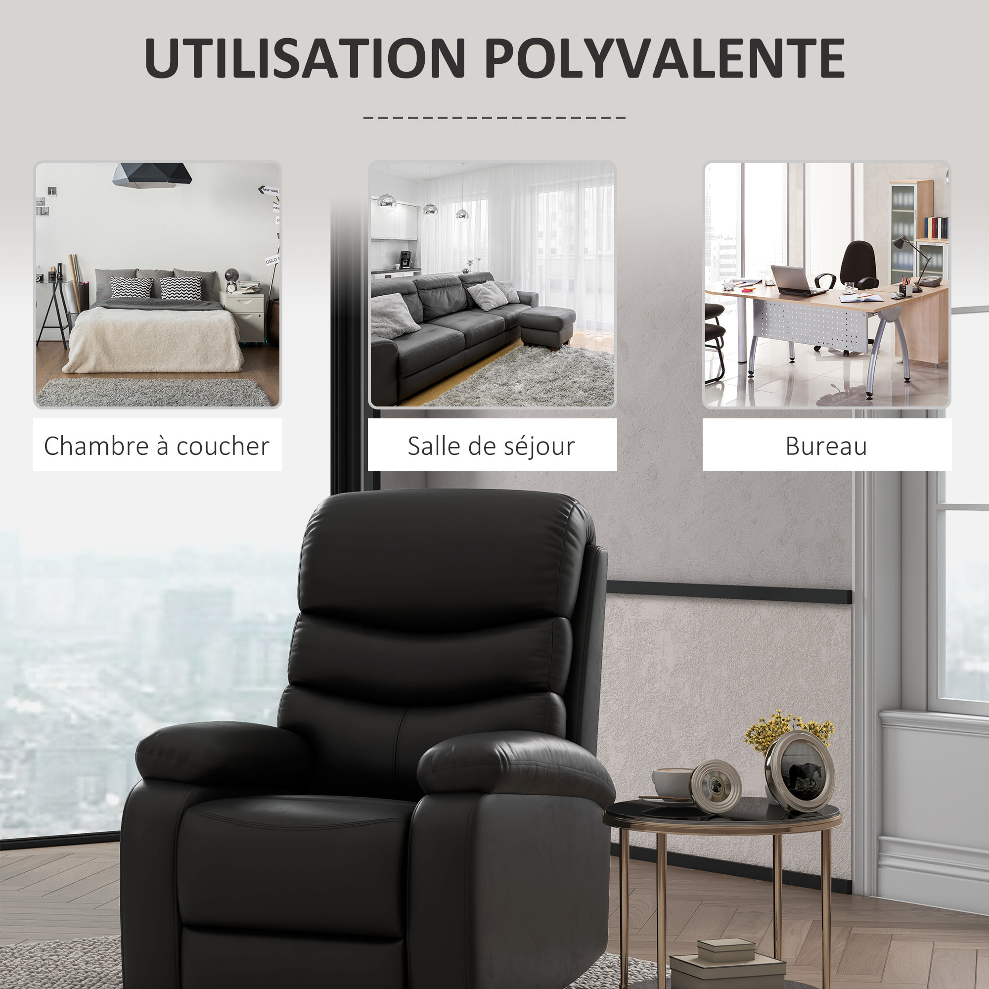 Fauteuil relax inclinable réglable repose-pied intégré revêtement synthétique noir