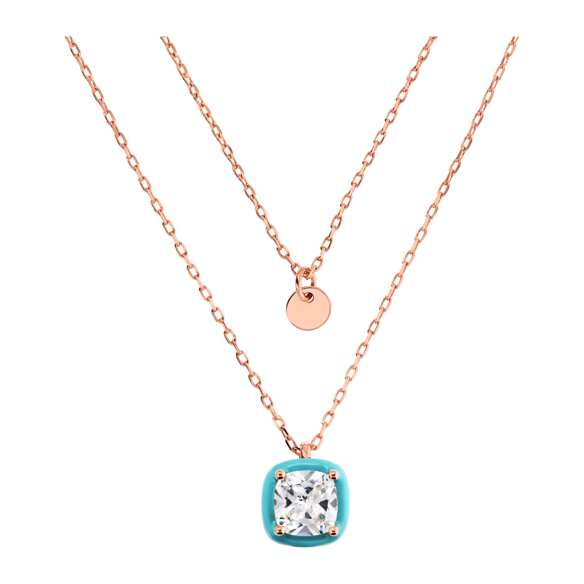 Collana Multifilo Catena Forzatina con Disco e Pendente Smaltato Azzurro con Cubic Zirconia Quadrata