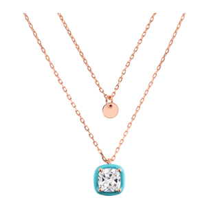 Collana Multifilo Catena Forzatina con Disco e Pendente Smaltato Azzurro con Cubic Zirconia Quadrata