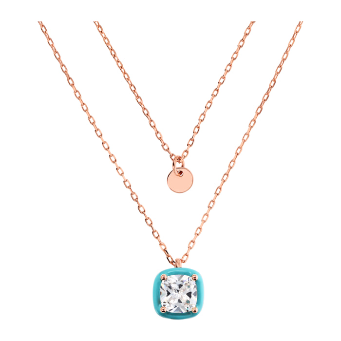 Collana Multifilo Catena Forzatina con Disco e Pendente Smaltato Azzurro con Cubic Zirconia Quadrata