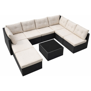 LOLA Salon de jardin 8 places en résine tressée noir et beige