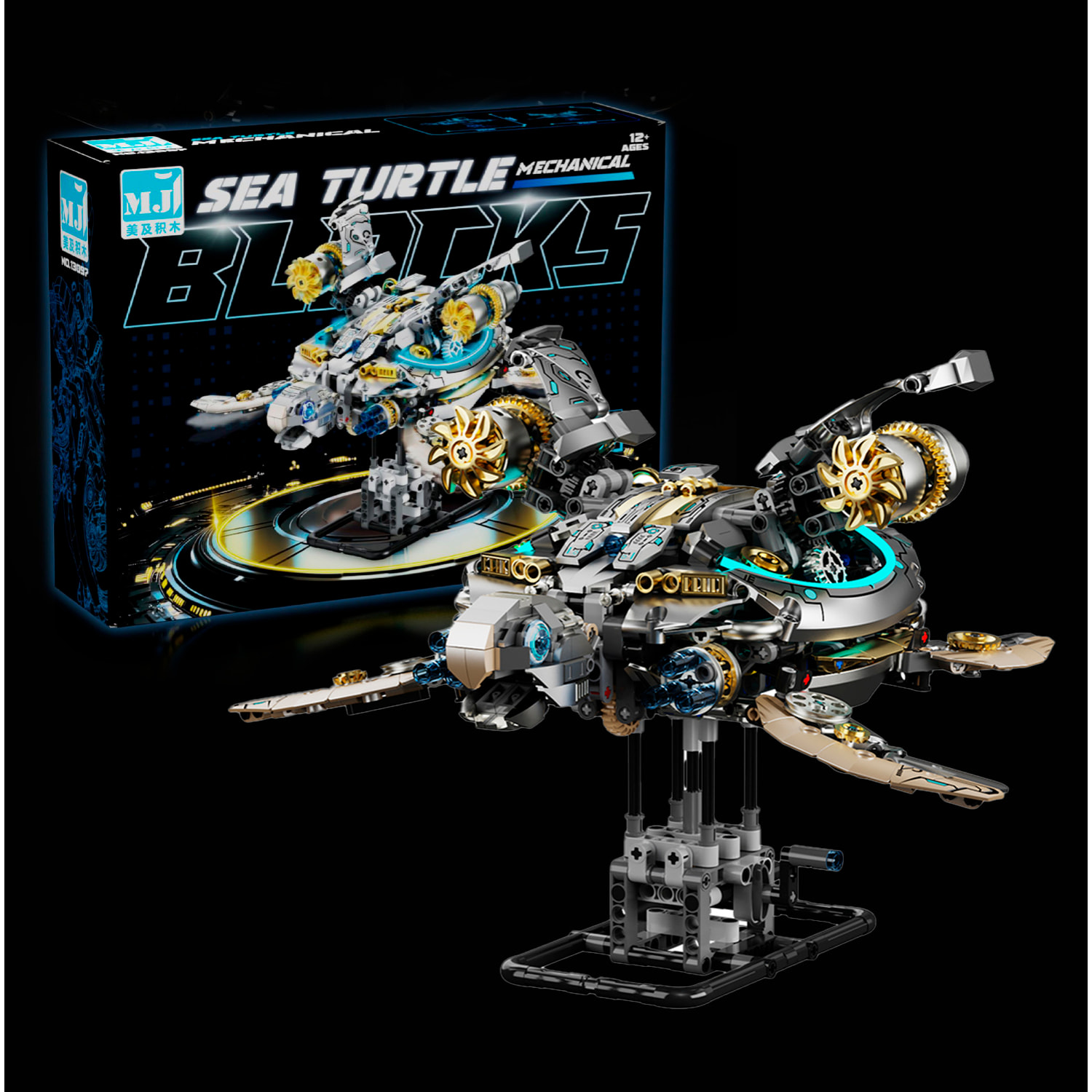 Maqueta 3D mecanizada de tortuga con 1277 piezas, equipada con luces y mecanismo de manivela que permite movimiento dinámico.