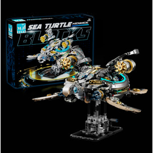 Maqueta 3D mecanizada de tortuga con 1277 piezas, equipada con luces y mecanismo de manivela que permite movimiento dinámico.