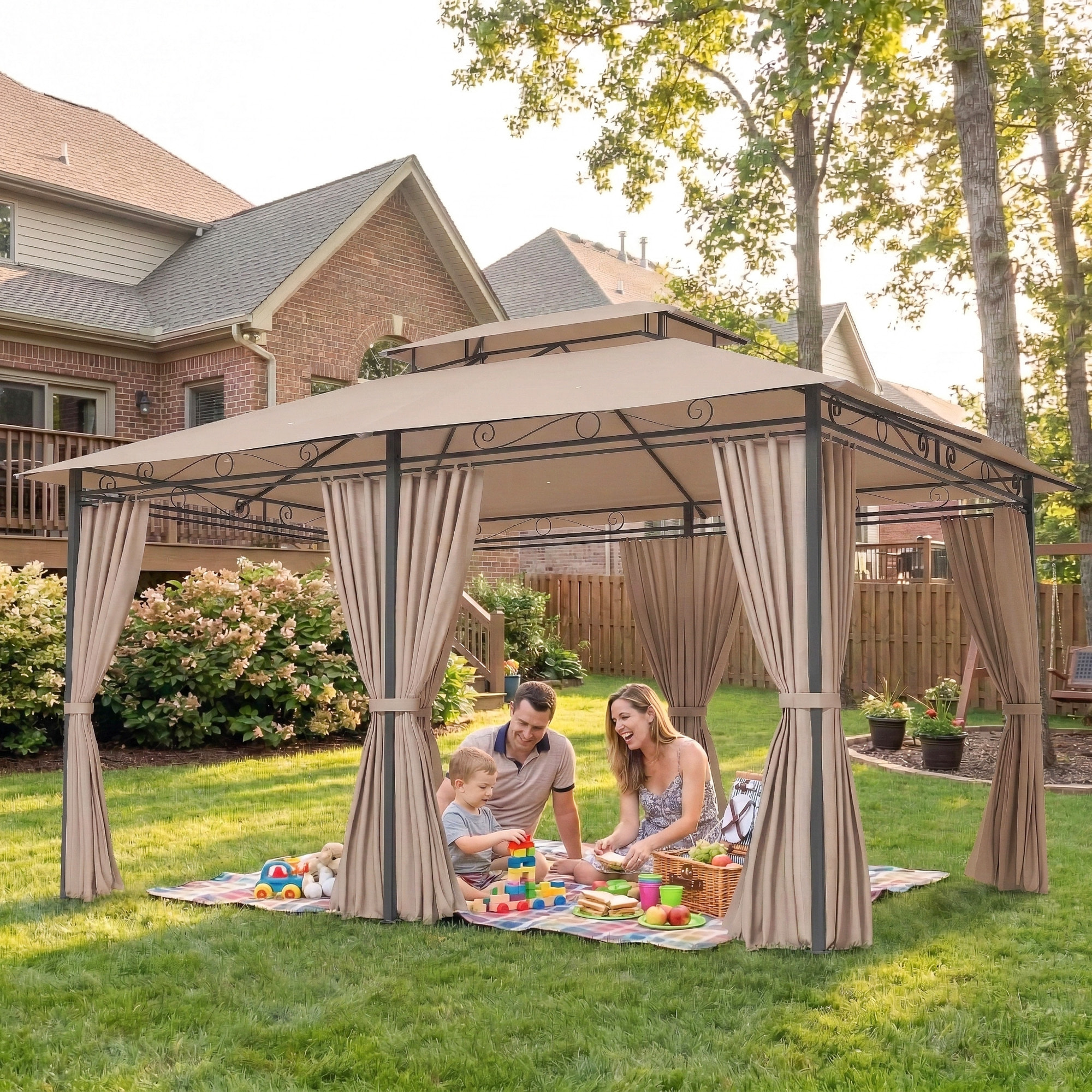 Cenador para Jardín 3x4 m, Pabellón de Jardín, Gazebo con Doble Techo, 6 Paredes Laterales, Estructura Metálica, Drenaje, Carpa para Exterior, Terraza, Patio, Caqui
