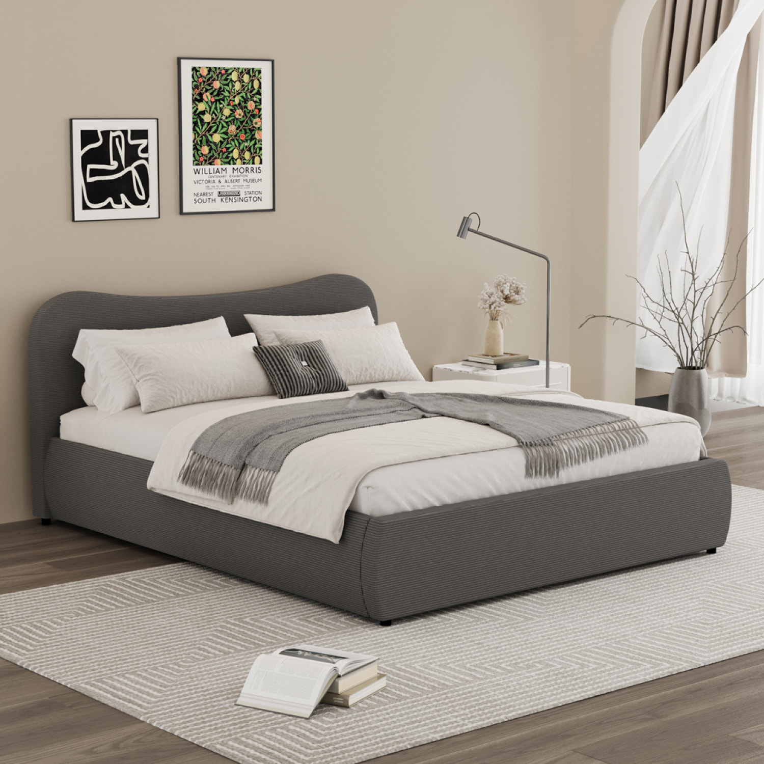 MILANO Lit coffre 160x200cm design arrondi velours côtelé gris