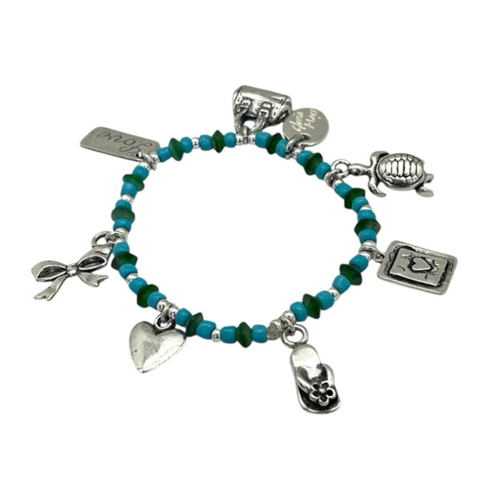 Pulsera elástica charms plata 10µ con resinas colores tono azul