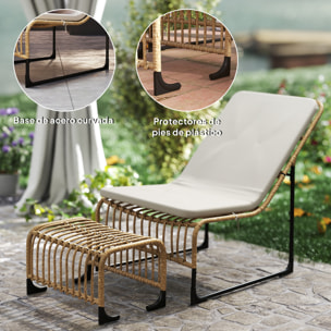 Conjunto de Sillón de Jardín con Reposapiés de Ratán Sintético Sillón para Exterior con Cojín Acolchado y Estructura de Acero Natural y Beige