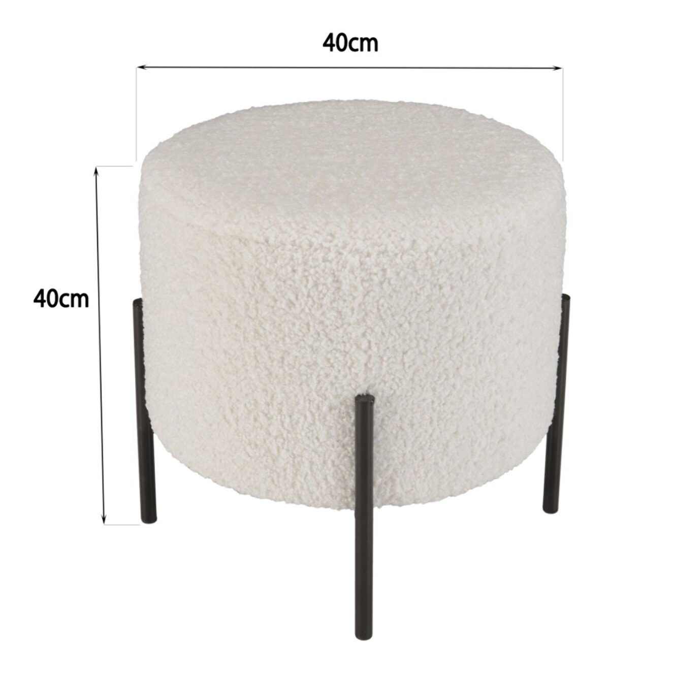 AGATHE - Tabouret rond 40x40cm tissu bouclette blanc pieds métal noir