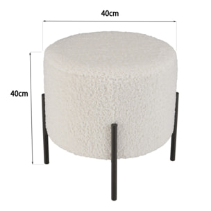 AGATHE - Tabouret rond 40x40cm tissu bouclette blanc pieds métal noir