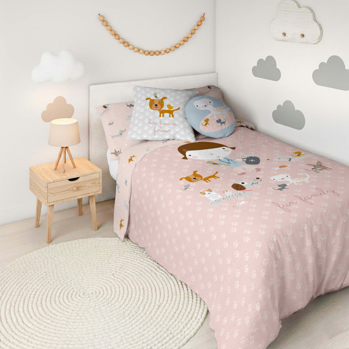 Funda Nórdica Estampada - Reversible - Infantil - Cierre Solapa - 100% Algodón - Incluye 1 Funda de Almohada - Amigos Peludos