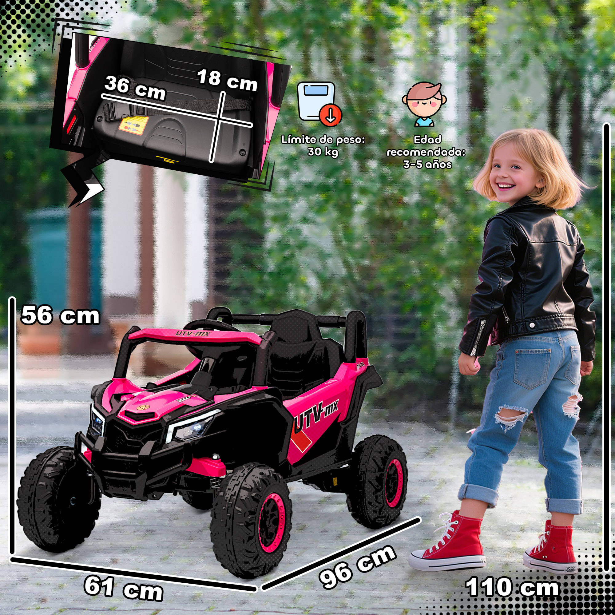 Coche Eléctrico para Niños 12V, Coche de Batería UTV con 2 Motores, Control Remoto 2,4G, Velocidad hasta 7 km/h, Sistema de Suspensión, Faros, USB, para Niños de +3 Años, Rosa