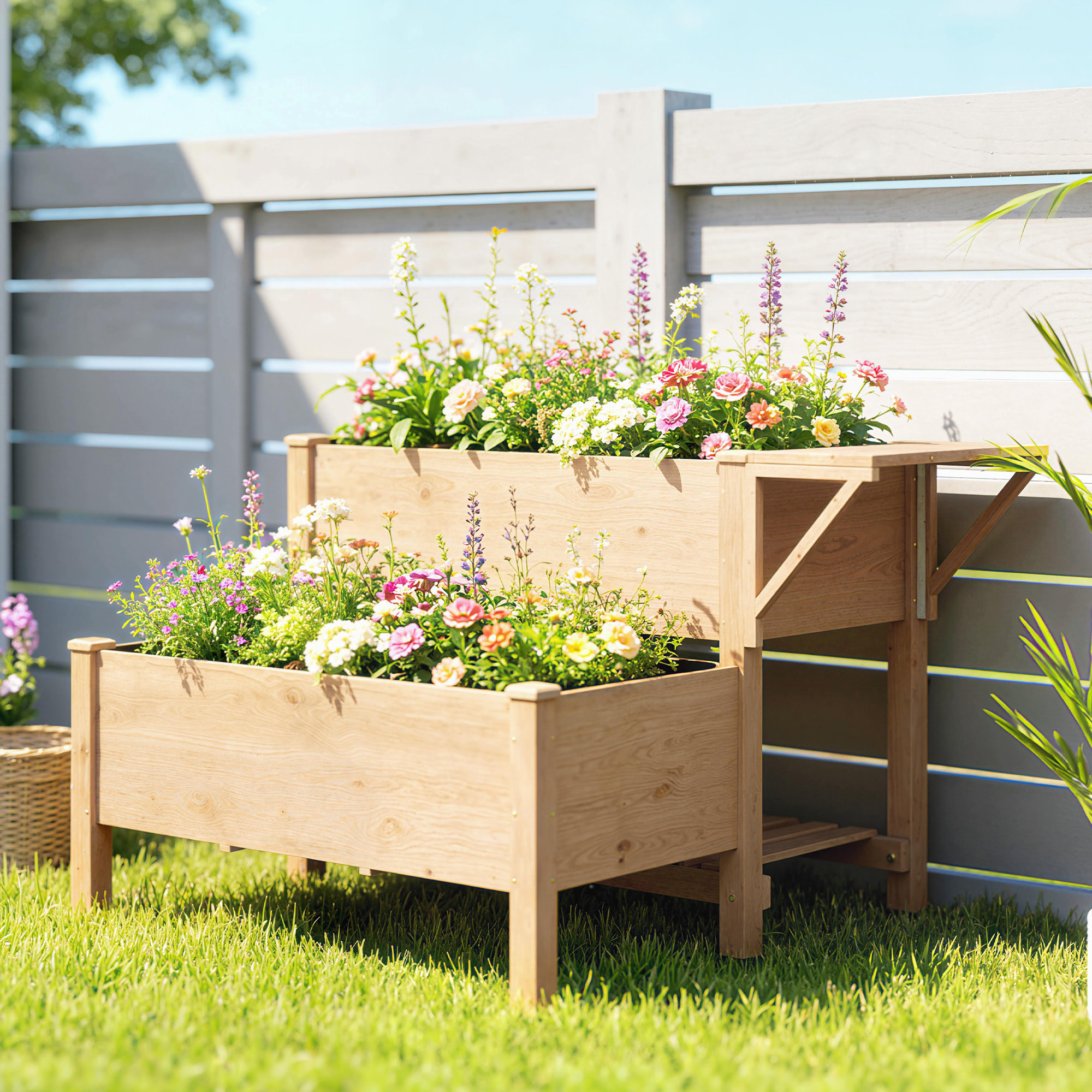 Carré potager bois en escalier sur pieds 2 niv. 2 étagères