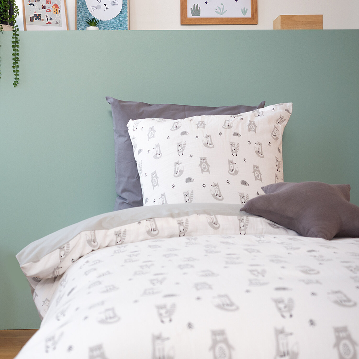 Parure de lit enfant imprimé 100% gaze de coton - forêt - gris