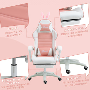 Silla Gaming Profesional Silla Gamer Racing Giratoria de Cuero PU con Altura Ajustable Inclinable 135° Reposacabezas y Reposapiés para Oficina Estudio 65x63x136-142 cm Rosa y Blanco