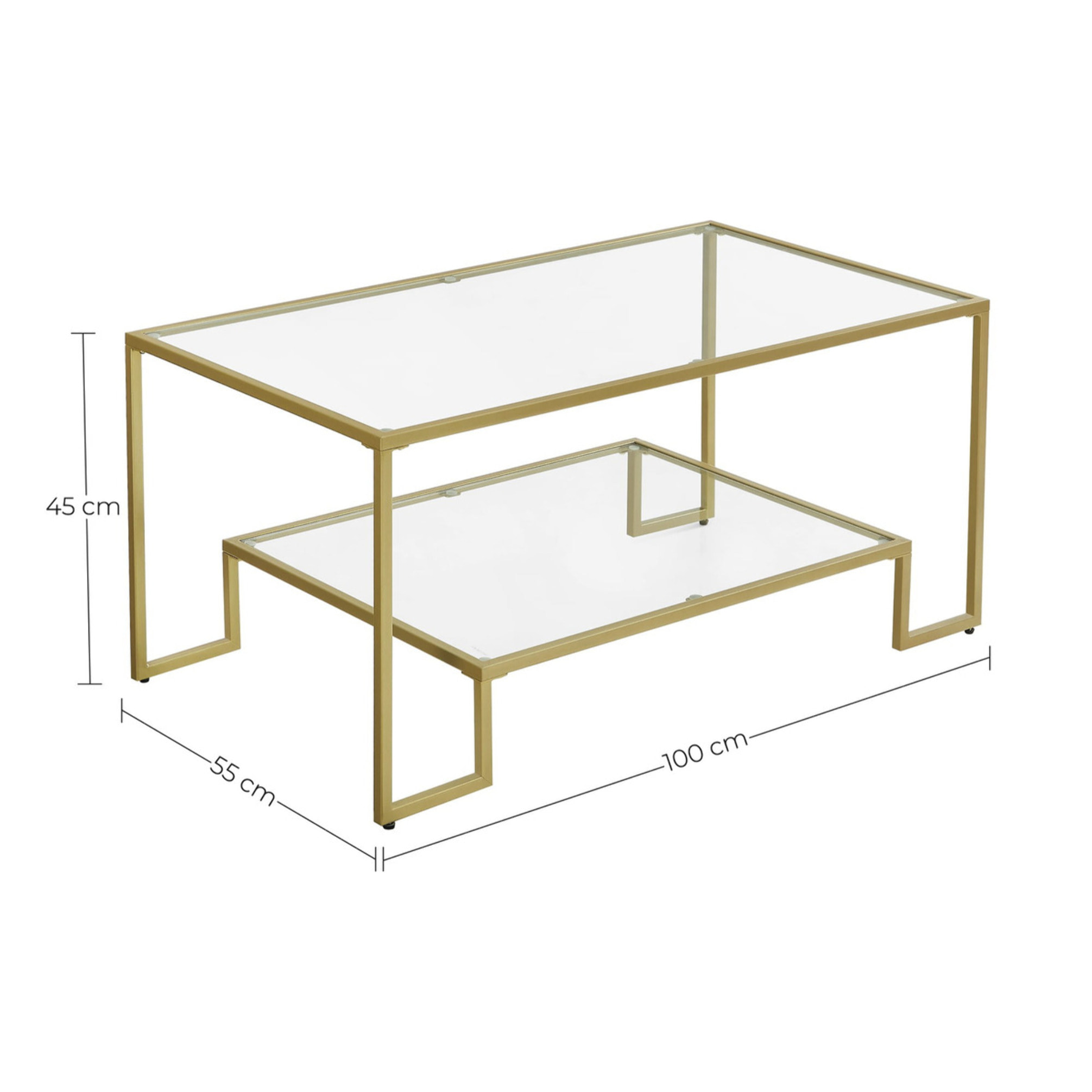 Tavolino da caffè rettangolare in acciaio oro e vetro temperato