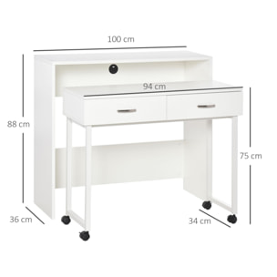 HOMCOM Escritorios Apilables Conjunto de 2 Mesas Escritorio para Ordenador Portátil con Ruedas 2 Cajones para Oficina 100x36x88 cm Blanco