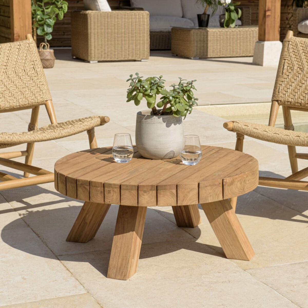 KALLY - Table basse jardin ronde 80cm bois teck recyclé naturelle