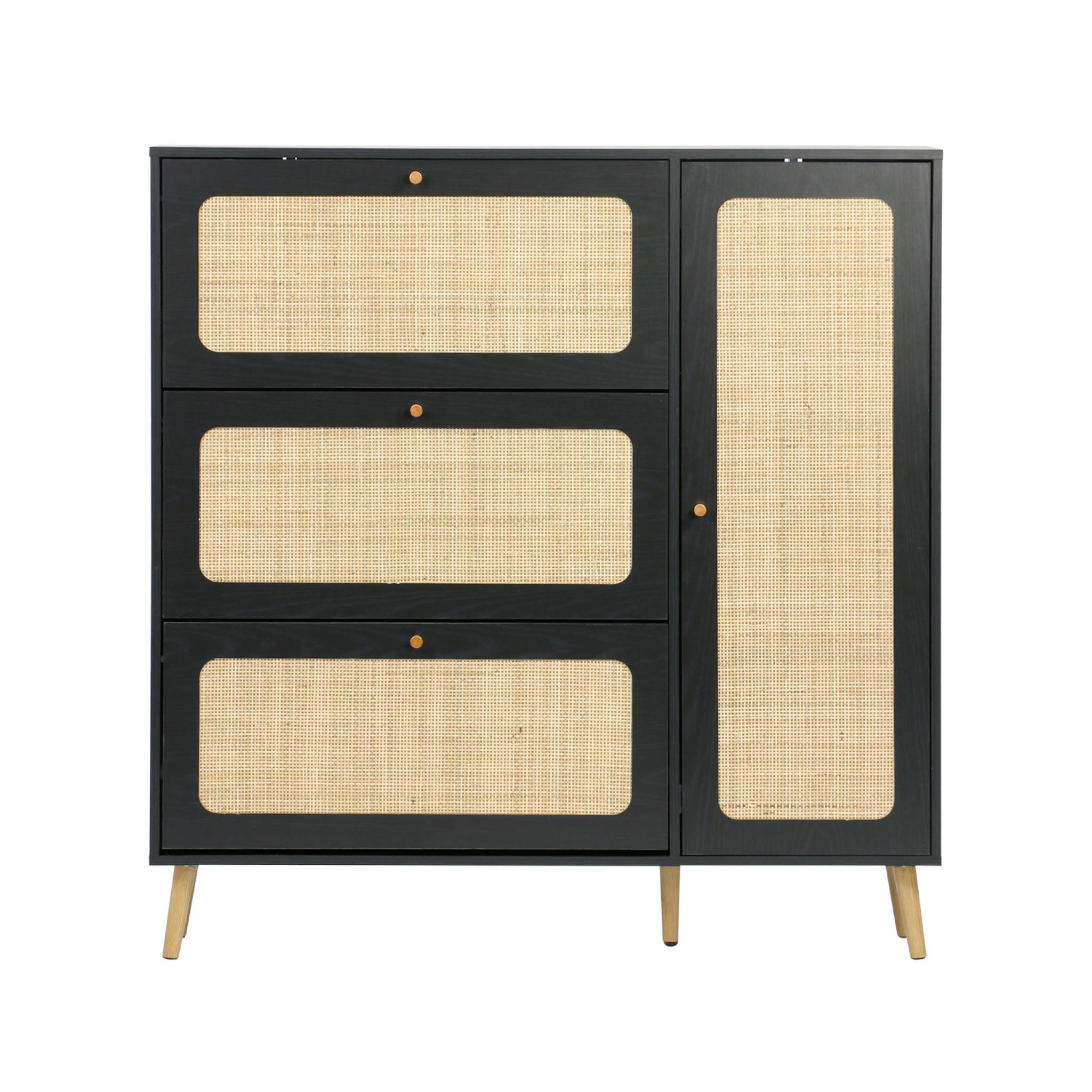 Meuble à chaussure cannage Bohème noir. 3 tiroirs. 1 porte. 21 paires. 120 x 24 x 125 cm
