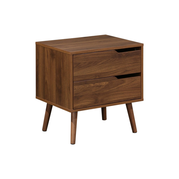 Table de chevet décor bois teinté noyer. 2 tiroirs. pieds en pin massif
