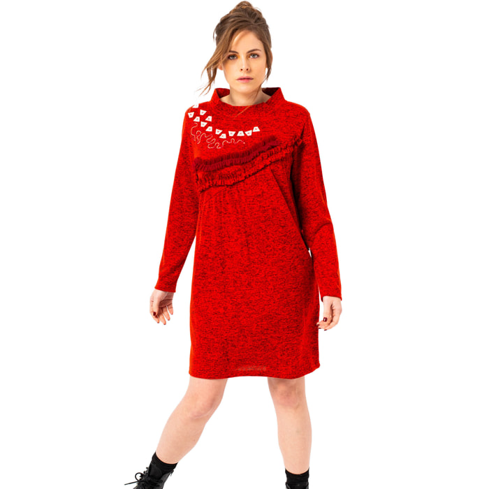 Mamatayoe Oeuvre. Vestido Corto de Mujer con Cuello Alto de Color Rojo con Detalles Bordados para Otoño Invierno. Vestido Casual de Hilo Torcido Carda de Manga Larga.