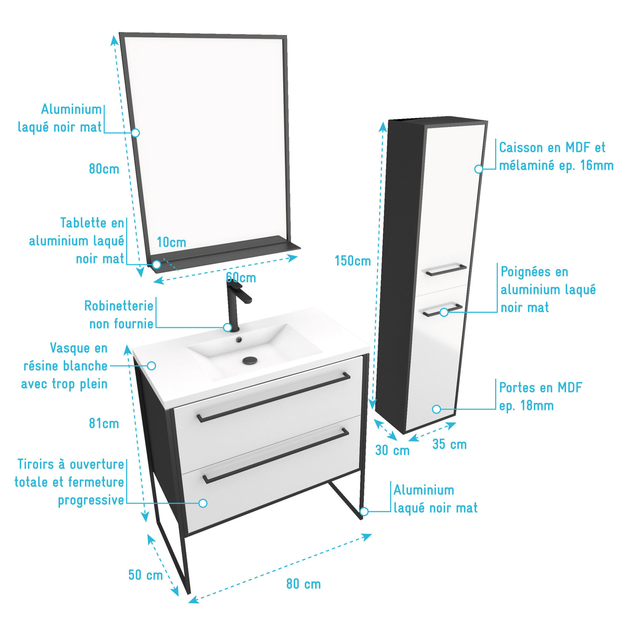 Ensemble de salle de bain 80 cm Blanc finition noir + vasque blanche+ miroir + colonne de rangement