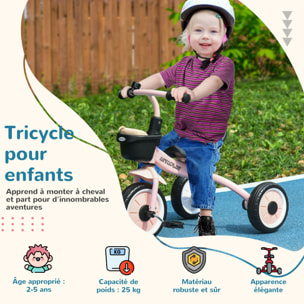 Tricycle enfant multi-équipé garde-boue sonnette panier pédales antidérapantes siège réglable avec dossier métal rose