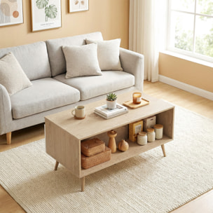 Mesa de Centro, Mesa baja para Salón Moderno con 2 Cajones, Patas de Madera de Pino, para Sala de Estar, Dormitorio, 100x50x46cm, Roble