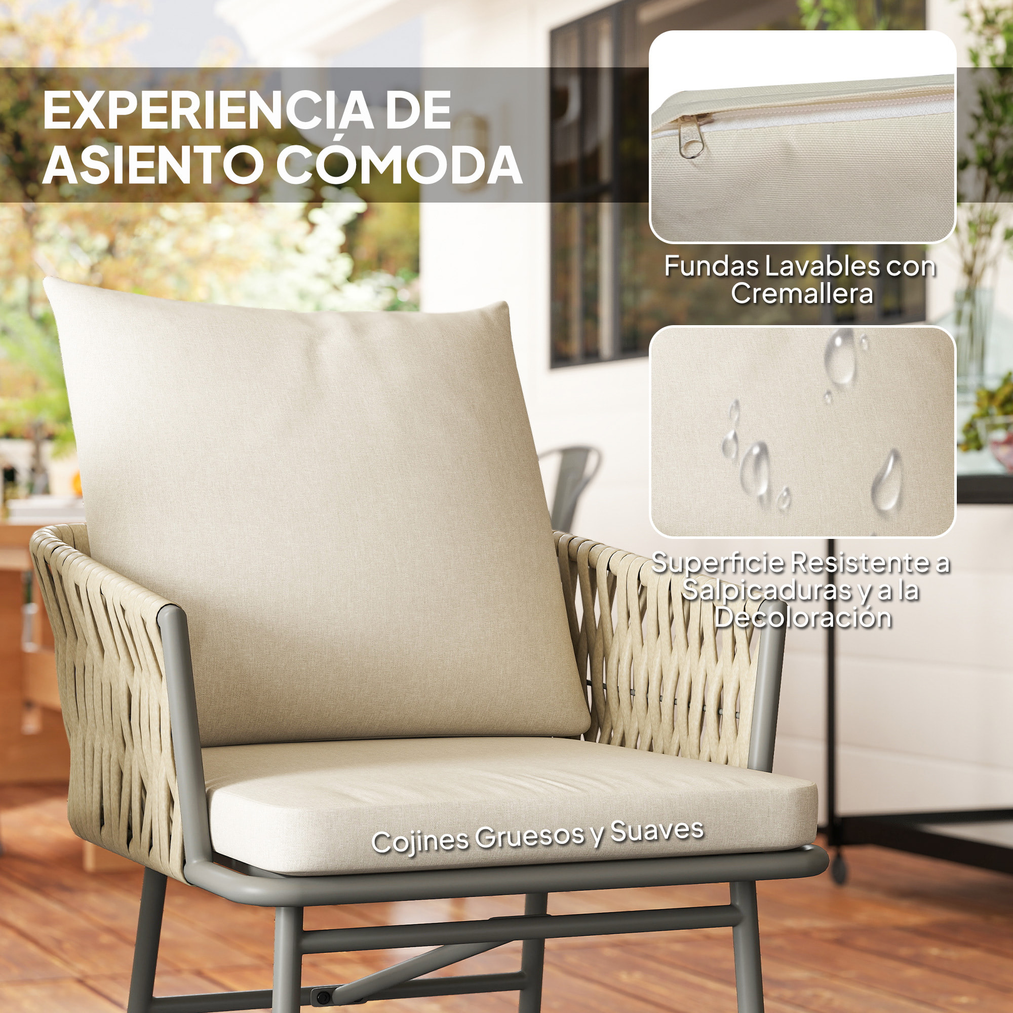 Conjunto de Jardín Exterior de 3 Piezas Muebles de Jardín con 2 Sillas con Cojines Extraíbles Lavables y Mesa Terraza con Tablero de Metal Impermeable Anti-UV para Balcón Patio Gris y Crema