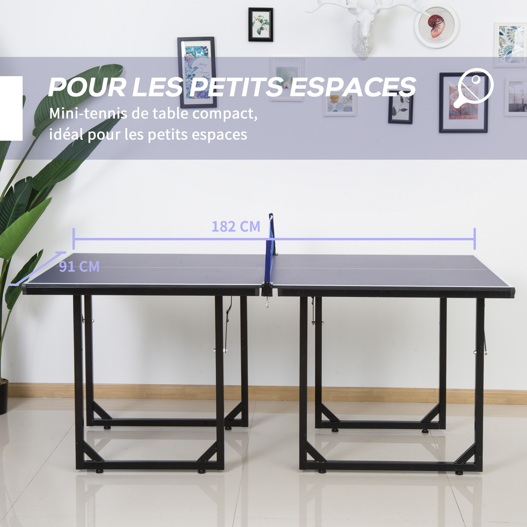 Table de ping-pong tennis de table pliable compacte pieds de nivellement antidérapants acier noir MDF bleu