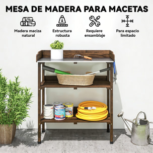 Mesa de Plantación de Madera de 3 Niveles, Mesa de Jardinería con Placa Metálica, 2 Estantes y Ganchos, Resistente a la Intemperie, para Jardín, Terraza, Balcón, 76x37x89 cm, Carbonizado