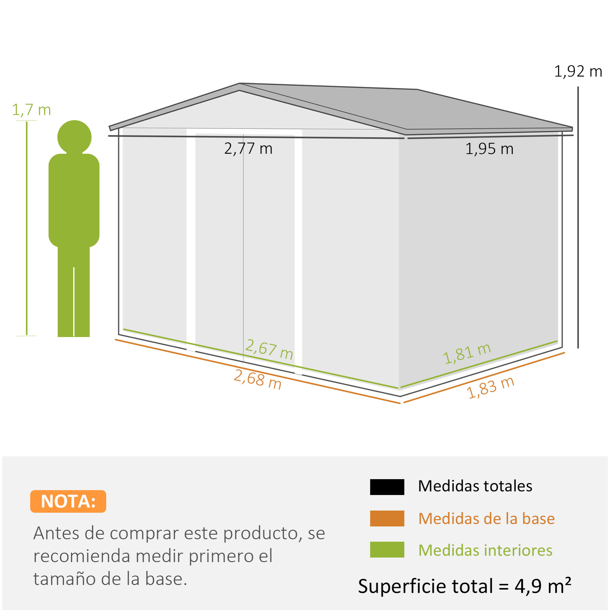 Caseta de Jardín Exterior 4,9 m² 277x195x192 cm Cobertizo de Jardín Exterior con Puerta Corredera Techo Inclinado Base Refuerzo (Suelo NO Incluido) y 4 Ventanas para Patio Terraza Natural