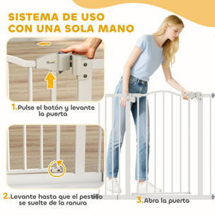 Barrera de seguridad para Perros Extensible 74-94 cm, para Puertas y Escaleras, Barrera para Perros con Extensión 14 cm, Montaje a Presión y Doble Bloqueo, Blanco