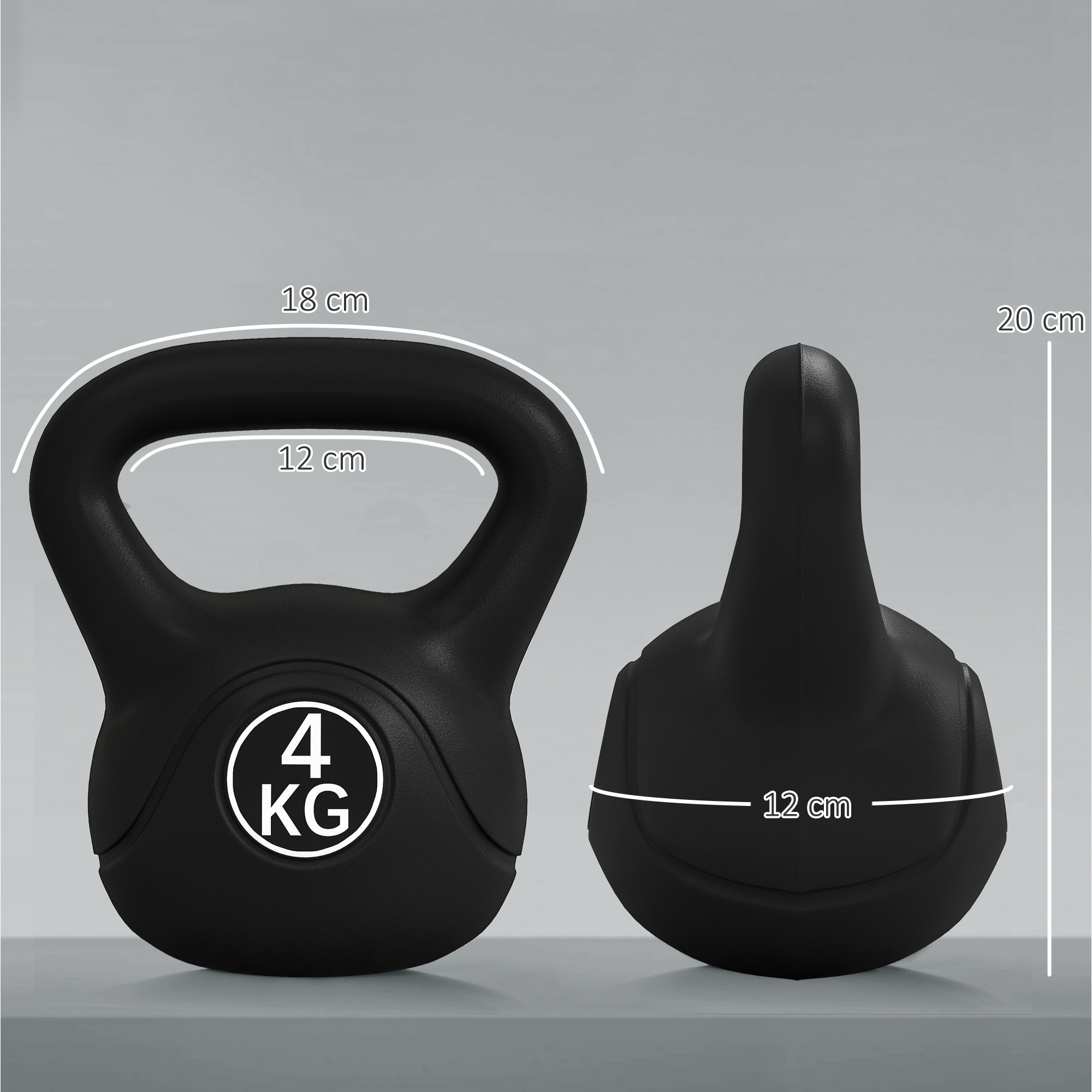 Pesa Rusa 4 kg, Kettlebell Revestimiento de Plástico y Relleno de Arena, con Mango Ancho y Base Plana, para Entrenamiento Culturismo, en Casa, Gimnasio, Negro