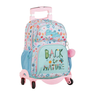 Blin-Blin Back to Nature, mochila primaria doble compartimento con carro. Protección lateral y stoper frontal, 4 ruedas multidireccionales. Con accesorio pom-pom.