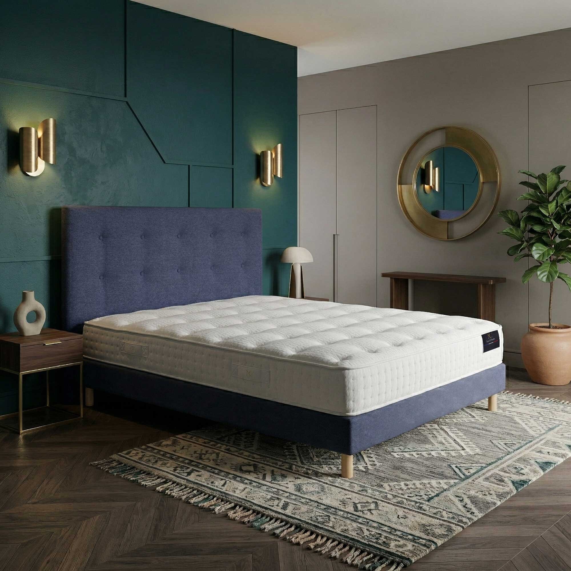 Ensemble matelas ressorts ensachés SÉLÉNÉ 2, accueil latex, H26 cm, sommier et tête de lit bleu