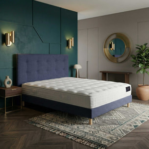 Ensemble matelas ressorts ensachés SÉLÉNÉ 2, accueil latex, H26 cm, sommier et tête de lit bleu