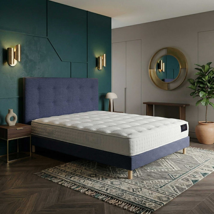 Ensemble matelas ressorts ensachés SÉLÉNÉ 2, accueil latex, H26 cm, sommier et tête de lit bleu