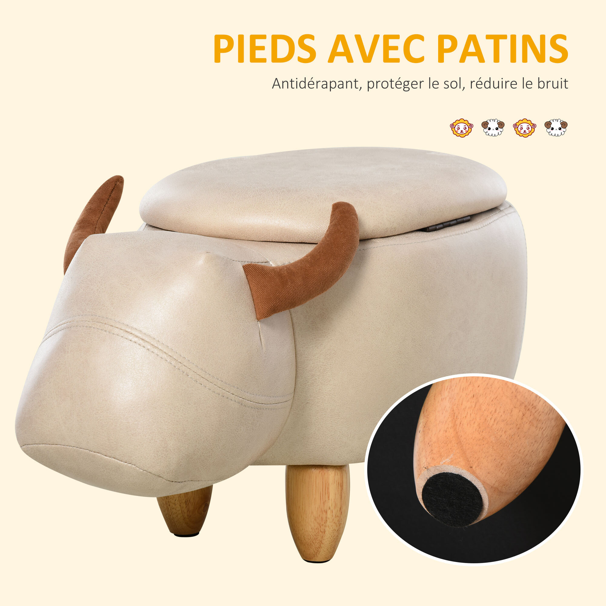 Tabouret vache - pouf vachette - pouf taureau coffre de rangement 2 en 1 - pieds bois d'hévéa revêtement synthétique crème
