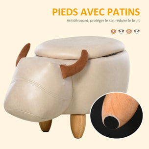 Tabouret vache - pouf vachette - pouf taureau coffre de rangement 2 en 1 - pieds bois d'hévéa revêtement synthétique crème