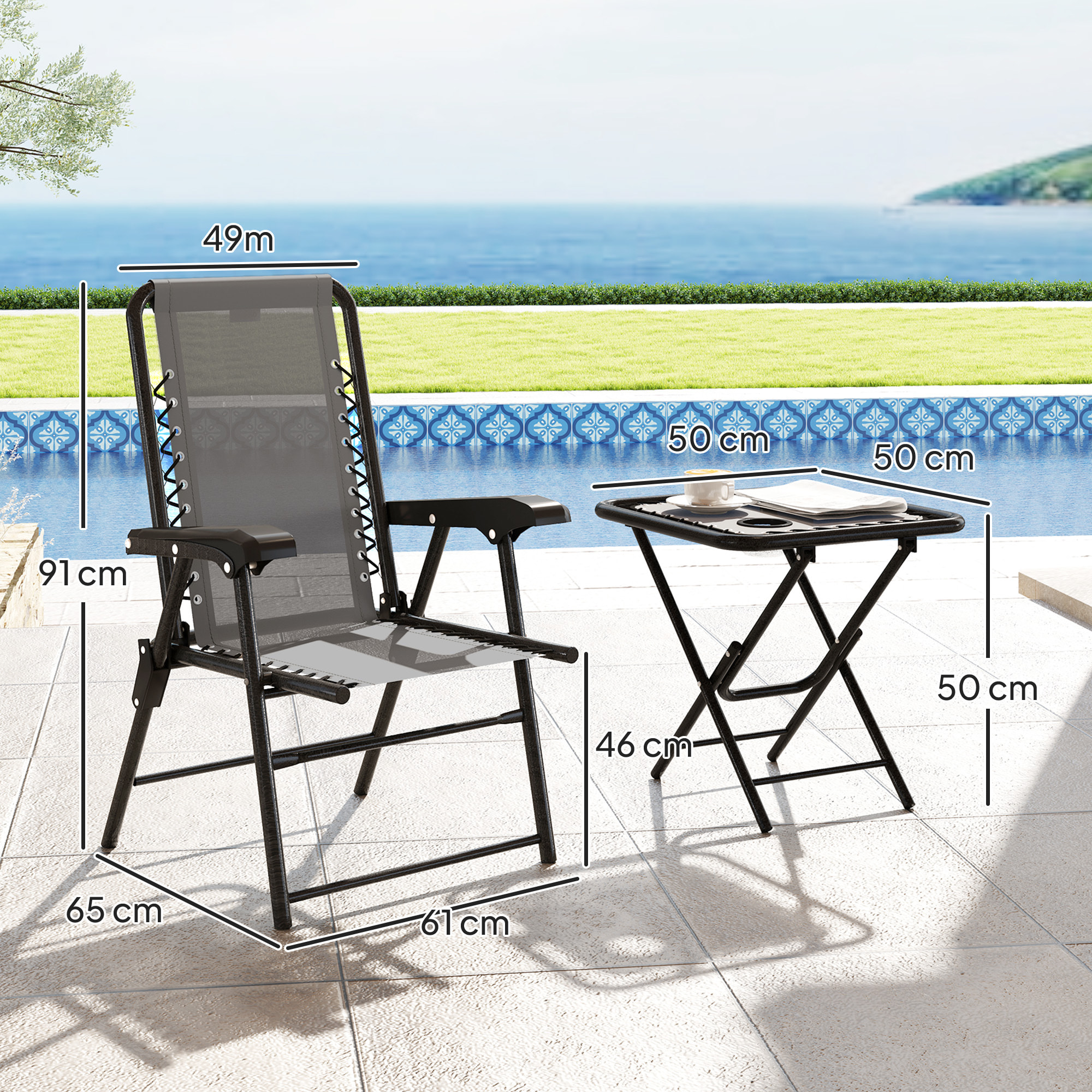 Conjunto de Mesa y Sillas de Terraza Exterior de 3 Piezas Muebles de Jardín Exterior Plegables con Estructura de Acero y Portavasos para Patio Gris Oscuro