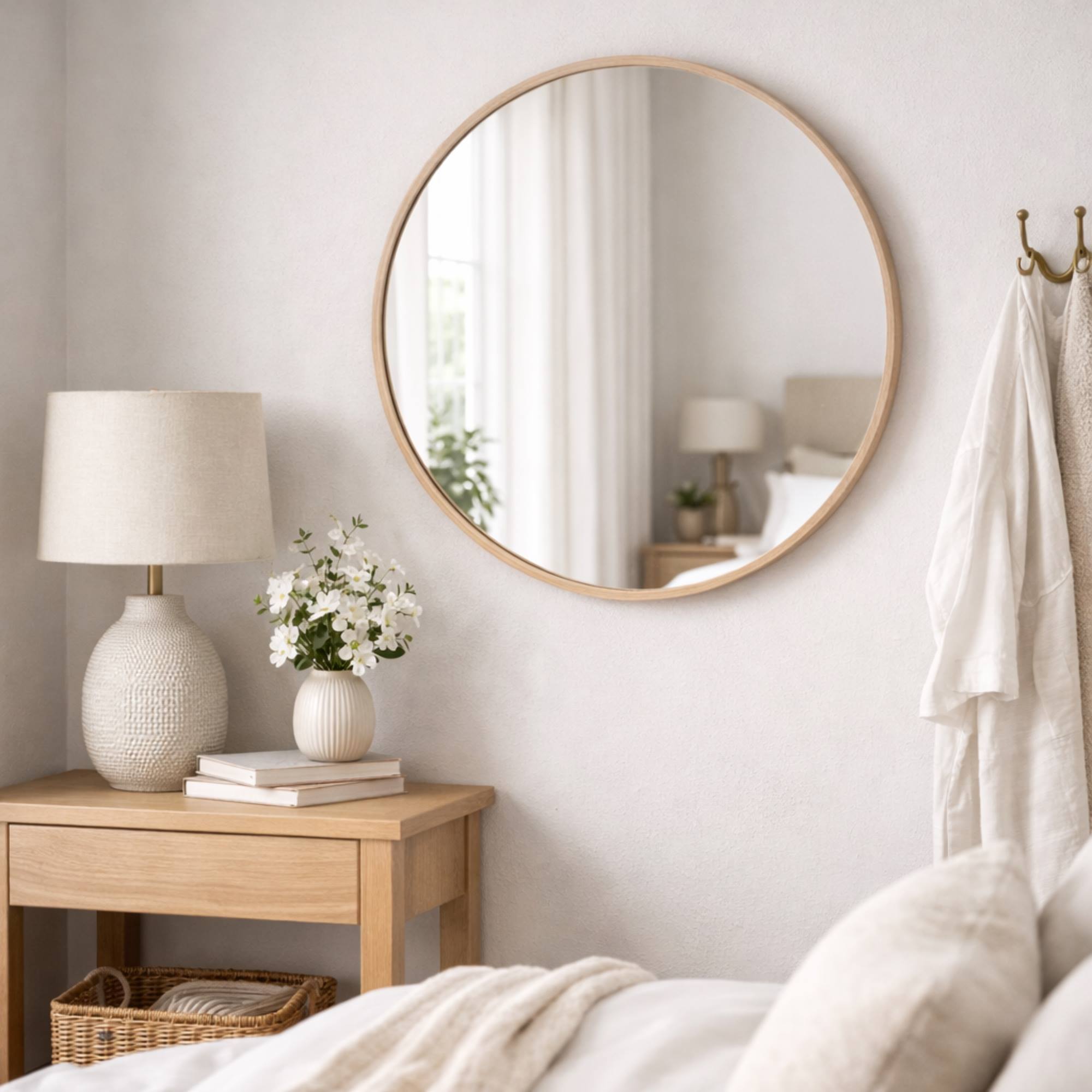 WELL HOME Espejo redondo Ø60cm marco de madera clara, con gancho trasero, ideal para recibidor o baño