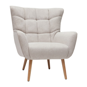 Fauteuil scandinave en tissu effet velours texturé beige et bois clair AVERY