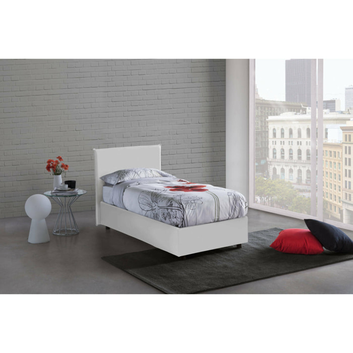 Letto singolo Cassandra, Letto contenitore con rivestimento in ecopelle, 100% Made in Italy, Apertura frontale, con materasso Cm 80x200 incluso, Bianco