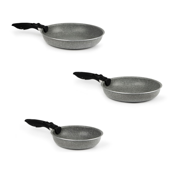 Set 3 poêles Excelsa Country rock, aluminium antiadhésif, 20/24/28 cm, gris