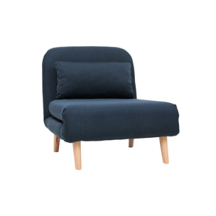 Fauteuil convertible scandinave en tissu bleu foncé et bois clair AMIKO