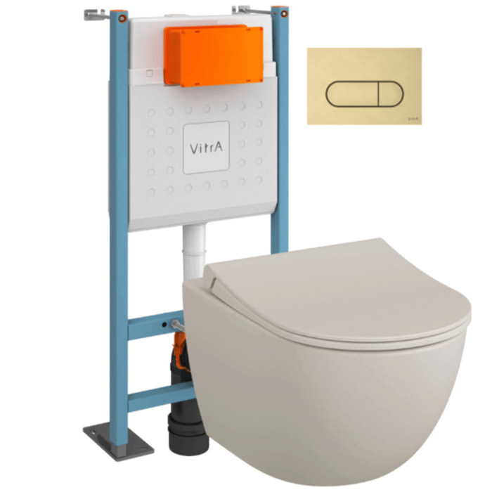 Pack WC suspendu Sento lin mat + bâti autoportant V-Fix Core + Plaque Round or brossé