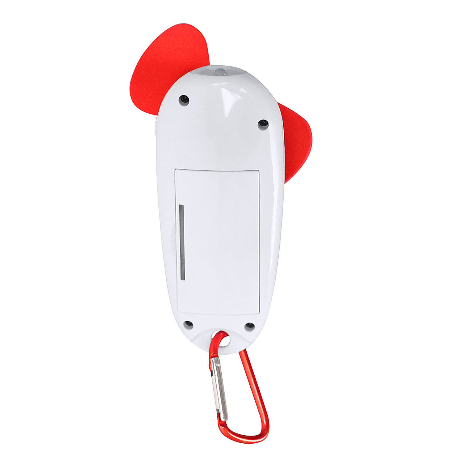 Ventilador portátil con linterna LED integrada y mosquetón para transporte.