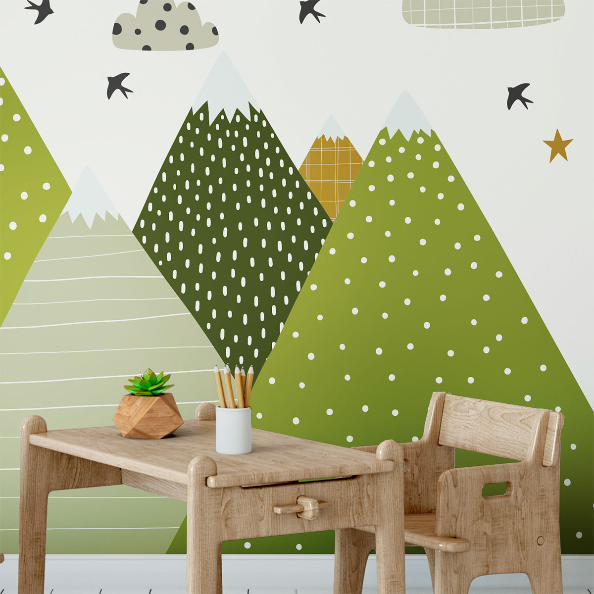 Stickers muraux enfants - Décoration chambre bébé - Autocollant Sticker mural géant enfant montagnes scandinaves HELKA