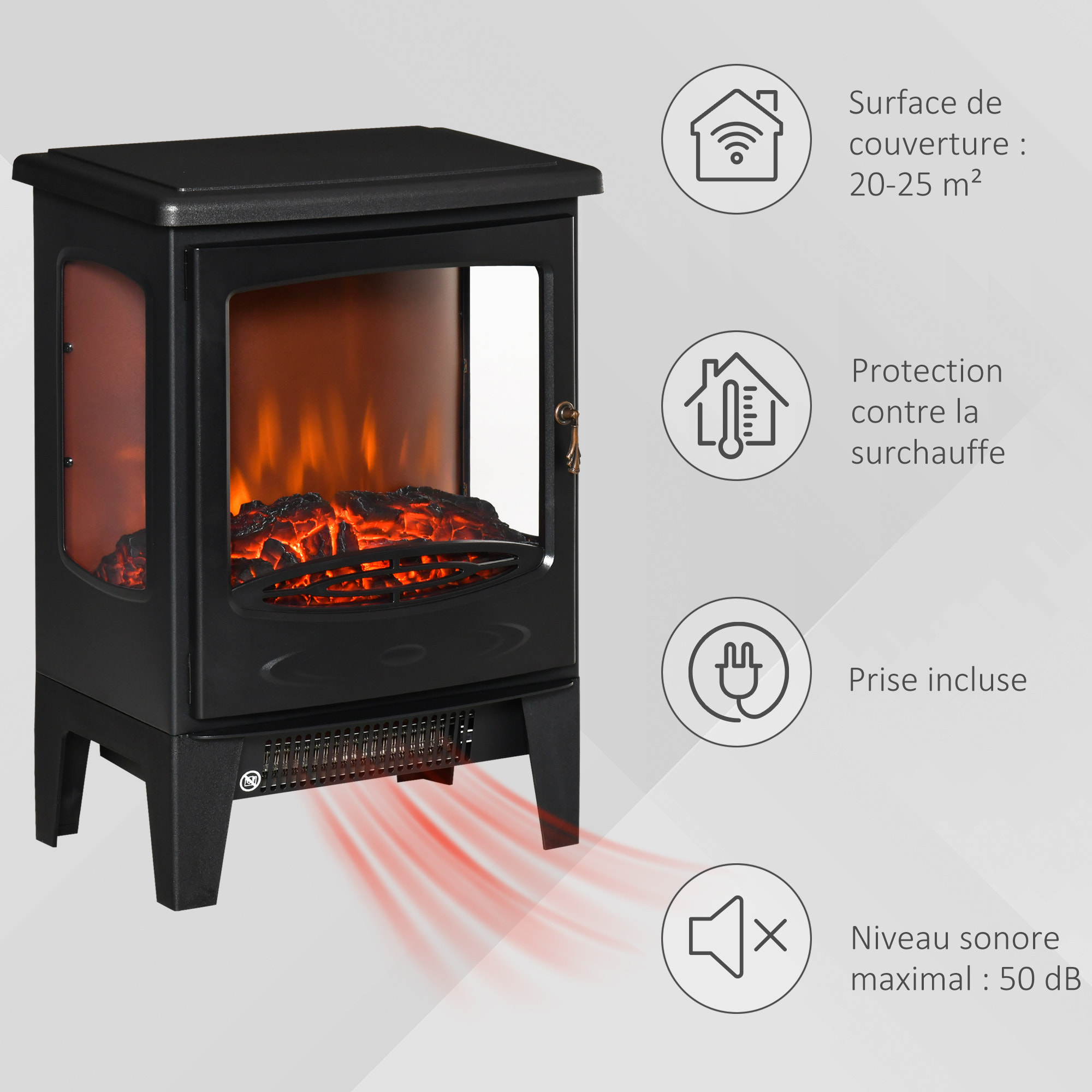 Cheminée électrique poêle style néo-rétro 1000-2000 W simulation flammes LED luminosité réglable acier ABS noir